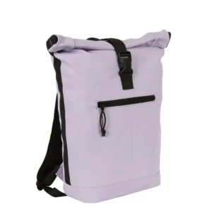 The New York Rolltop Rucksack - Lila features a light purple design, front zipped pocket, black side accents, and adjustable straps. Its main buckle-fastened compartment makes it a stylish pick for shopping trips in Tallinn. Gate21.ee