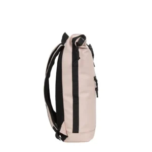 The New York Rolltop Rucksack in Soft Pink features black straps and a roll-top fastening, shown from the side against a white background—ideal for discovering unique finds at your favourite concept shop. Gate21.ee