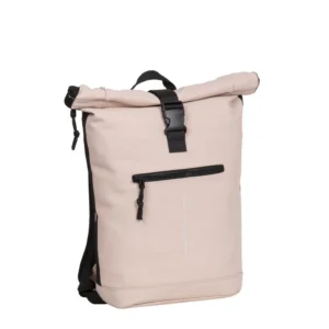 The New York Rolltop Rucksack in soft pink features a black buckle fastening, front zip pocket, and black straps. This Estonian-designed bag is a stylish choice for shopping in Tallinn, shown against a plain white background. Gate21.ee
