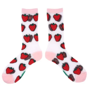 Discover the Strawberry - Transparent Socks: white socks with light pink toes, heels, and cuffs, featuring red strawberries with green tops—a unique Estonian design to pick up on your next Tallinn shopping trip. Gate21.ee