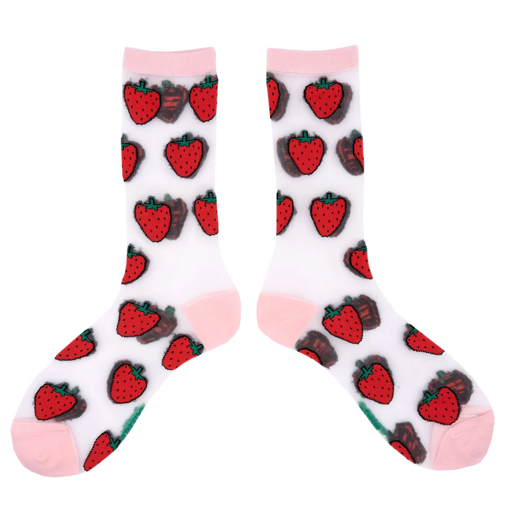 Discover the Strawberry - Transparent Socks: white socks with light pink toes, heels, and cuffs, featuring red strawberries with green tops—a unique Estonian design to pick up on your next Tallinn shopping trip. Gate21.ee