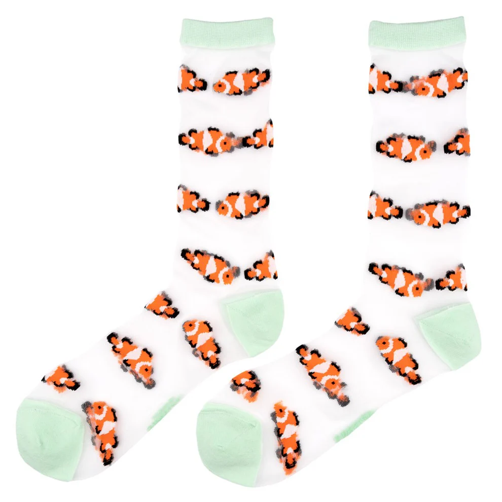 Clownfish - Transparent Socks: White socks with a repeating orange clownfish pattern and light green toes, heels, and cuffs. An Estonian design ideal for curated gift shops. Gate21.ee