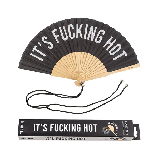 The "It's fucking hot!" - fan is a black handheld folding fan with wooden ribs, white lettering, a black strap, and matching packaging—perfect for those seeking unique style. Gate21.ee