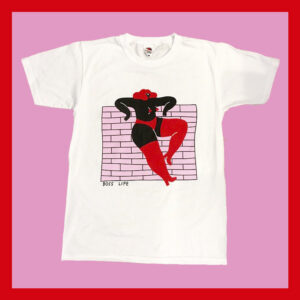 Introducing the "Child you're Interrupting T-shirt"—a white tee with a striking red-and-black figure by a pink brick wall and "BOSS LIFE" at the bottom. A unique standout for Tallinn shoppers or concept store explorers. Gate21.ee