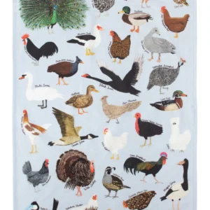 The Fowl - Tea Towel is light blue and features illustrations of labelled fowl species like peacock, chicken, and duck. "Fowl Towel" appears in the bottom right corner, making it a standout addition for any gift shop seeking unique items. Gate21.ee