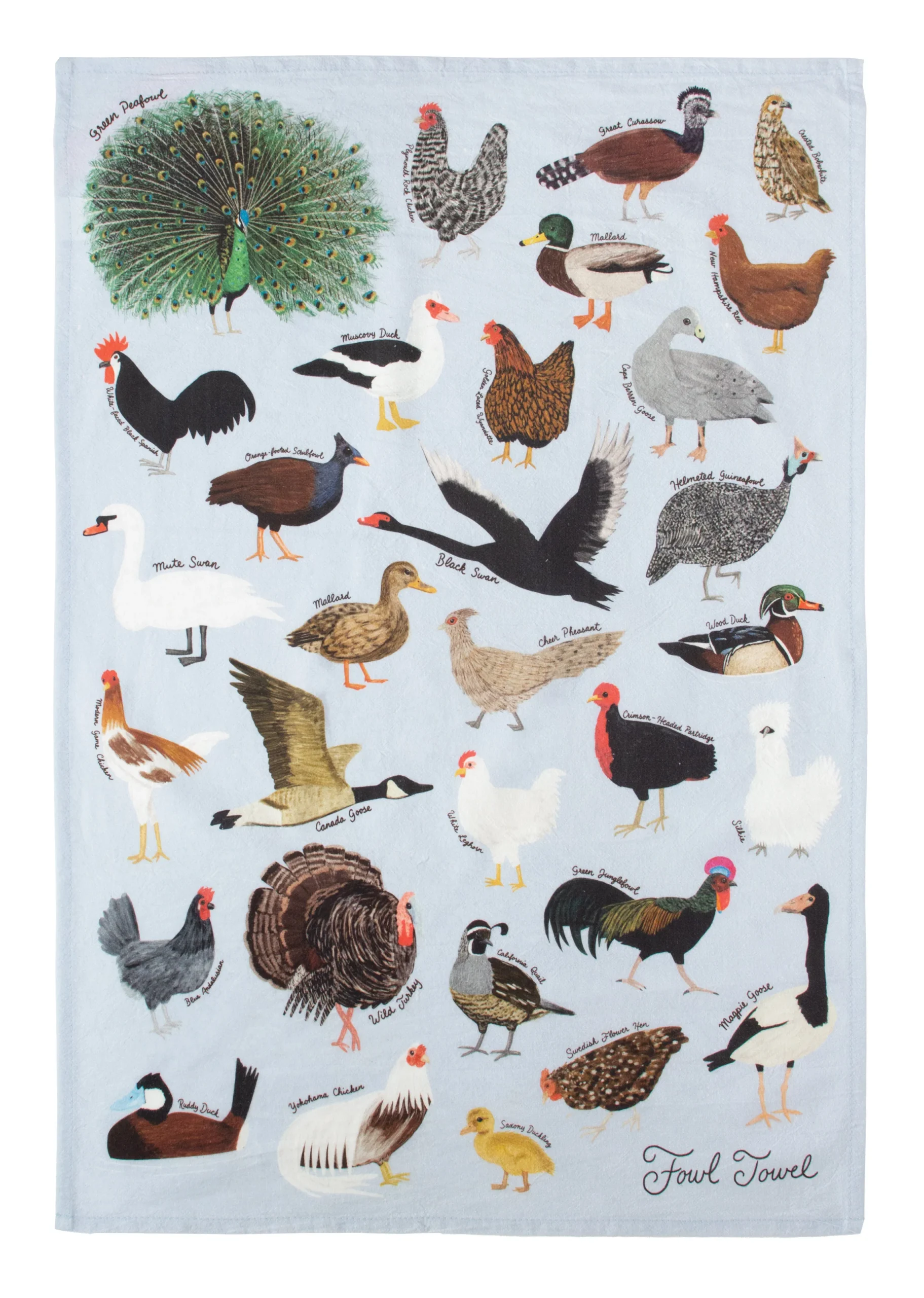 The Fowl - Tea Towel is light blue and features illustrations of labelled fowl species like peacock, chicken, and duck. "Fowl Towel" appears in the bottom right corner, making it a standout addition for any gift shop seeking unique items. Gate21.ee