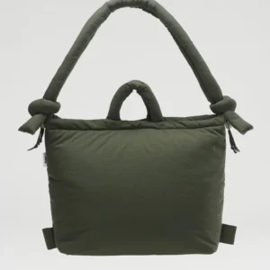 The Ona Soft Bag - Forest Green is a padded tote with a large rounded handle featuring knot details and a smaller centre handle—ideal for shopping in Tallinn or as a distinctive gift, shown on a plain white background. Gate21.ee