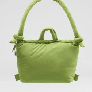The Ona Soft Bag - Matcha is a bright green padded handbag with two short handles and a large, rounded strap featuring knotted details—perfect for Tallinn shopping or exploring concept shops. Gate21.ee