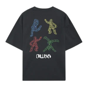 The black VINYL DANCER T-shirt features five colourful outlined human figures in blue, red, yellow, and green on the back above the word "Nukta" displayed in a pixelated white font. Gate21.ee