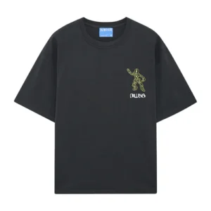 A black short-sleeve VINYL DANCER T-shirt featuring a small yellow graphic on the left chest and a blue NWHR tag inside the collar, inspired by the Sassy Spud F*cking Humans Alien Embroidered T-Shirt. Gate21.ee