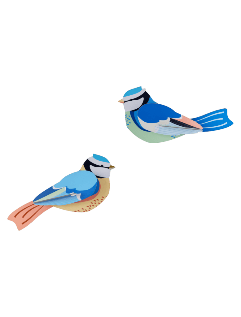 Blue Tits features two stylised bluebirds in blue, black, white, and orange hues facing each other on a plain white background—a charming touch inspired by curated Estonian design and unique ideas. Gate21.ee
