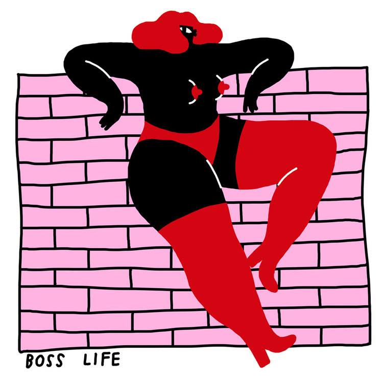 Illustration of a person with red hair, red underwear, and thigh-high socks sitting confidently on a pink brick wall. Inspired by concept shops, the Child you’re Interrupting T-shirt logo appears in the lower left corner. Gate21.ee