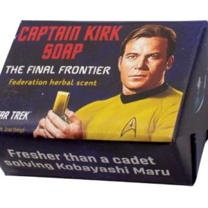 Captain Kirk - Soap by the Unemployed Philosophers Guild comes in a rectangular box featuring Captain Kirk with a communicator, promoting "The Final Frontier" and a Federation herbal scent. Gate21.ee