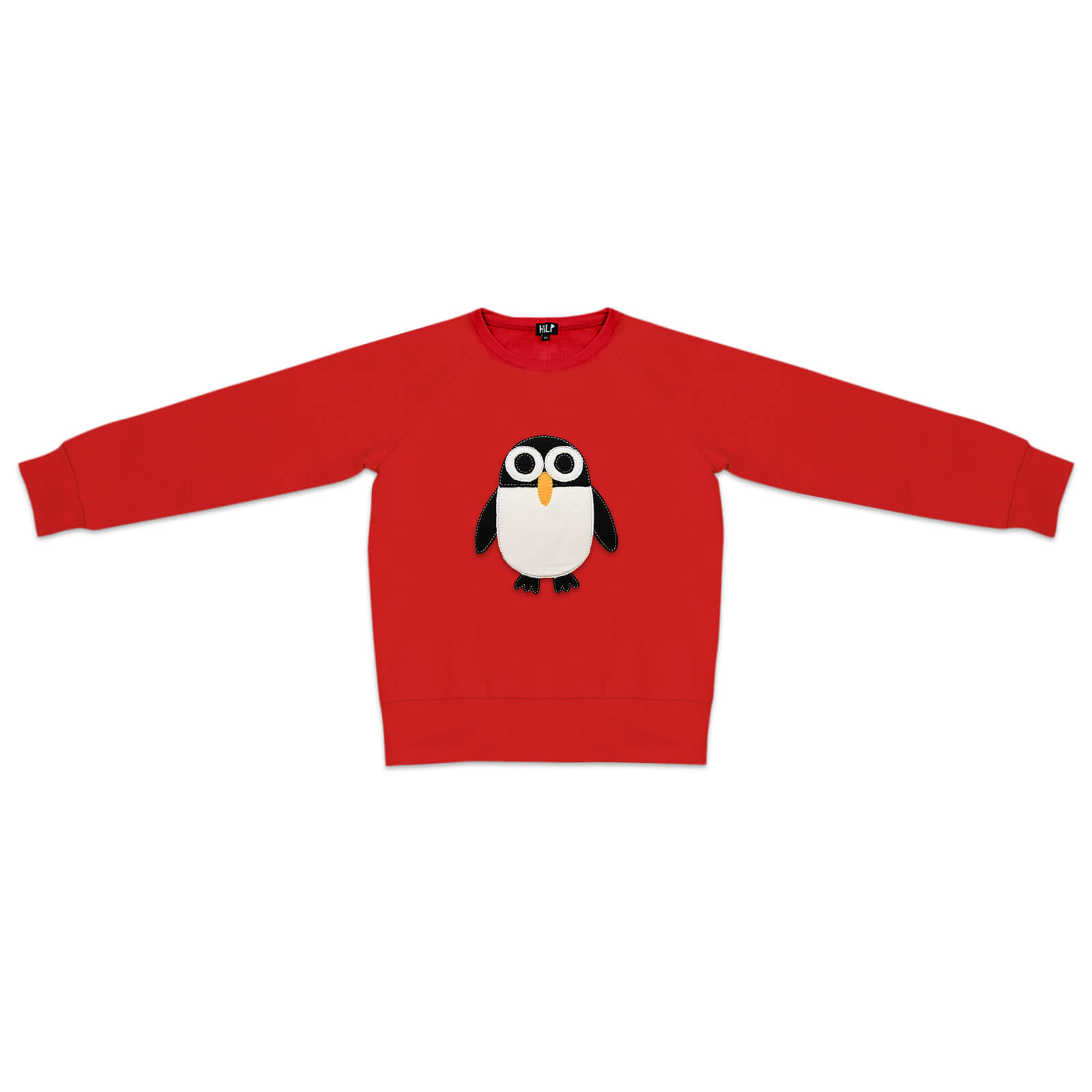 The Kids Penguin is a red long-sleeve jumper with a black and white big-eyed penguin, sleeves extended flat. Showcasing playful Estonian design, it’s an ideal choice to add charm to your wardrobe or gift shop selection. Gate21.ee