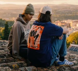 Two people sit on a rooftop at sunset, sharing unique ideas. One wears a green beanie and grey hoodie; the other, a cap, blue graphic shirt, and jeans. A curated cityscape with Tallinn shopping spots and rolling hills stretches in the background. Gate21.ee