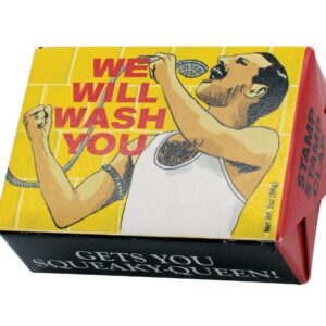 A yellow and black "Trump - Soap" box with a man singing into a showerhead. Great for Tallinn shoppers or Estonian design fans, it says “WE WILL WASH YOU,” with sides reading “GETS YOU SQUEAKY-QUEEN!” and “STAMP CLEAN.”. Gate21.ee