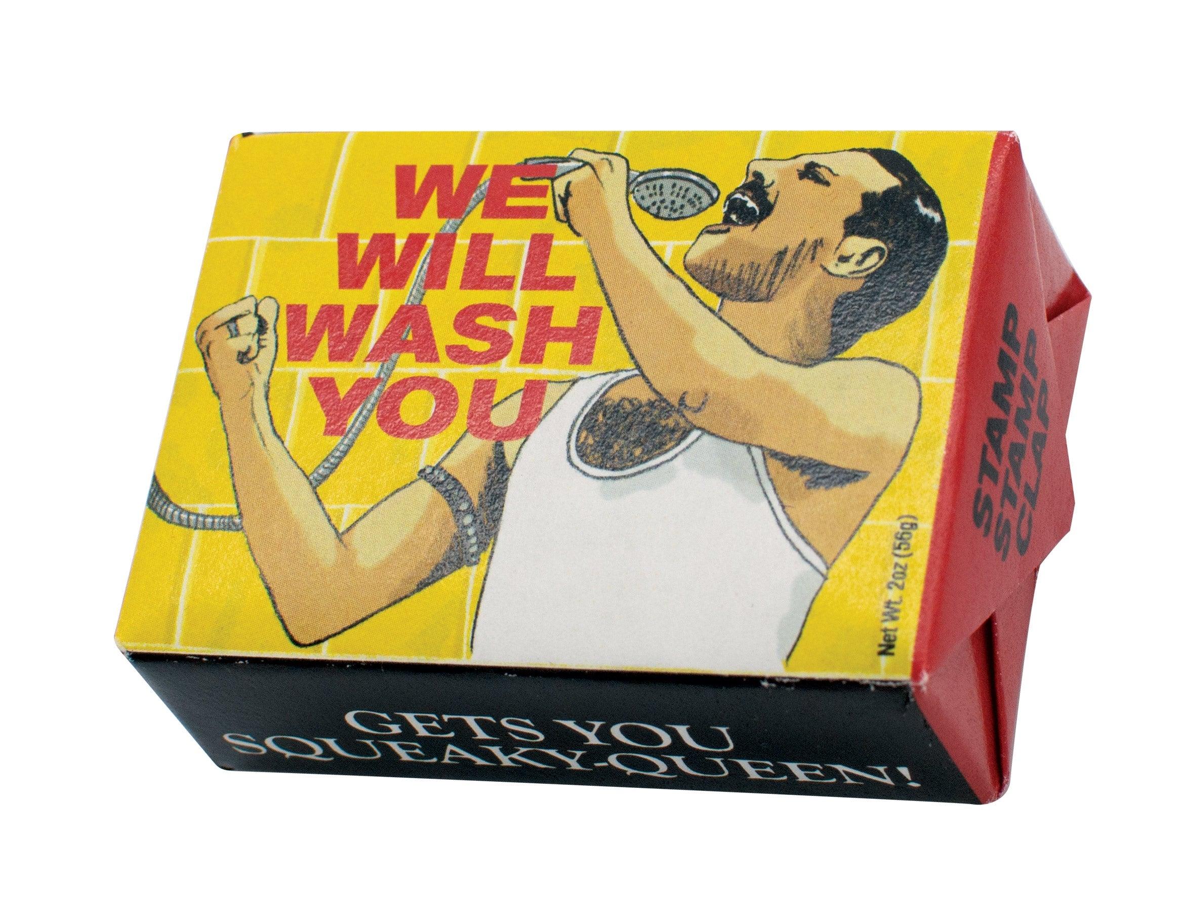 A yellow and black "Trump - Soap" box with a man singing into a showerhead. Great for Tallinn shoppers or Estonian design fans, it says “WE WILL WASH YOU,” with sides reading “GETS YOU SQUEAKY-QUEEN!” and “STAMP CLEAN.”. Gate21.ee