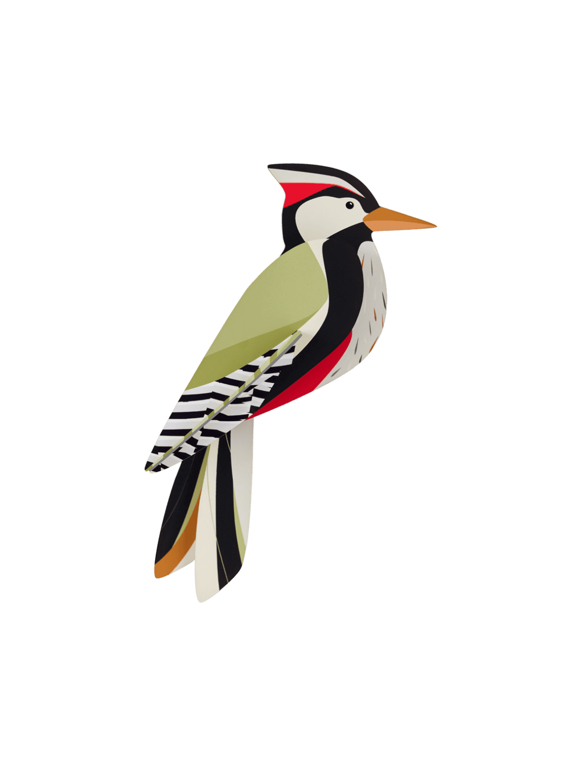 Woodpecker: Vibrant red, black, white, and green illustration with an orange beak and striped tail in side profile on a plain background—Estonian-inspired design ideal for concept shop displays. Gate21.ee