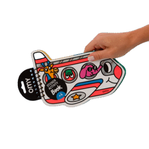 A hand holds the Vroom - Sticker Activity Book & Postcards, a spiral-bound book shaped like an aeroplane with colourful cartoon animals—an adorable find for Tallinn shoppers or any gift shop seeking unique Estonian design. Gate21.ee
