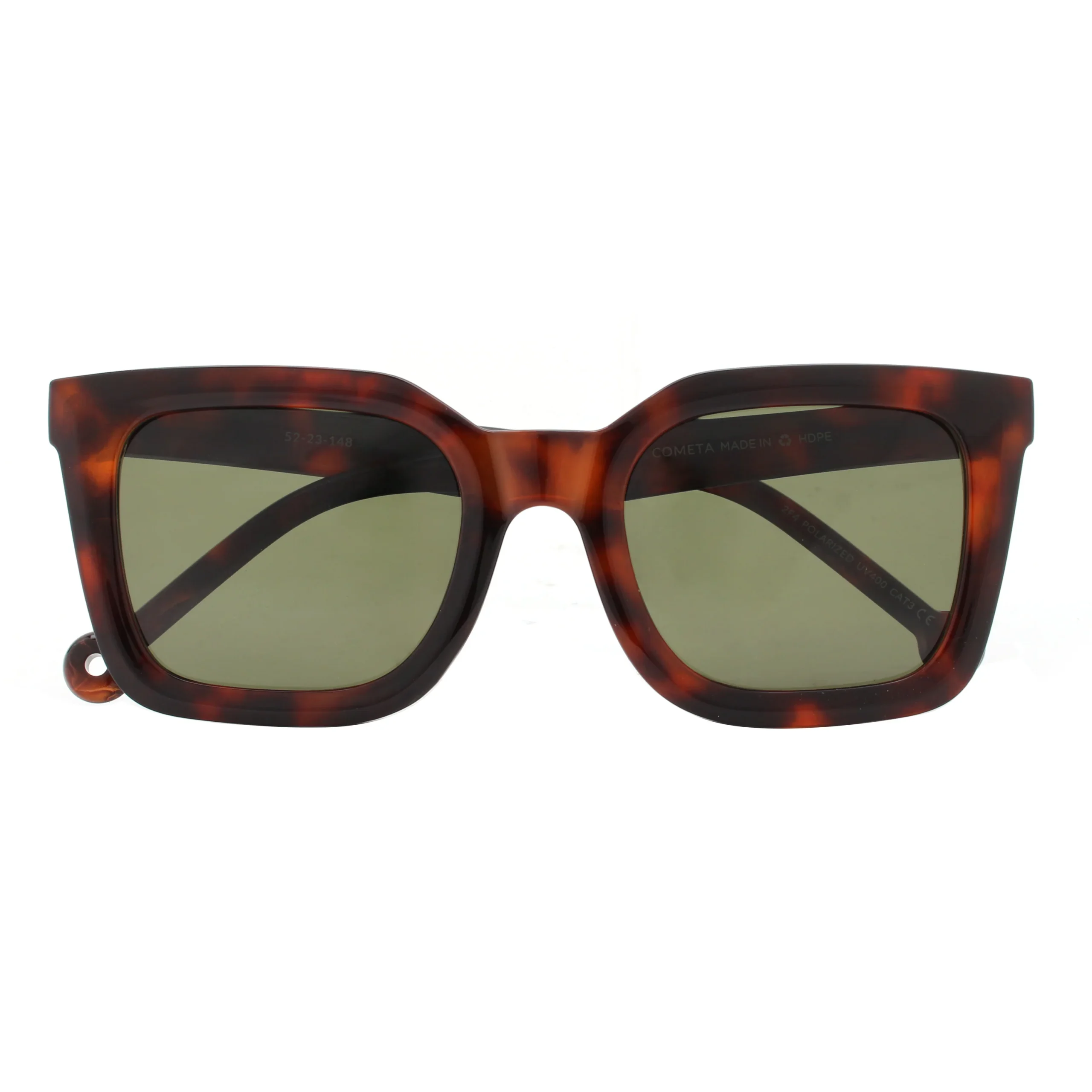 The "Cometa" Turtle Sunglasses feature square-shaped dark green lenses and a thick, glossy tortoiseshell frame with a unique circular loop detail—an eye-catching choice for any concept shop collection. Gate21.ee