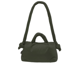 The Mini Ona Soft Bag - Forest Green is a dark green, soft shoulder bag with a padded long strap, two short handles, and knot details—an ideal accessory for Tallinn shopping, shown on a plain white background. Gate21.ee