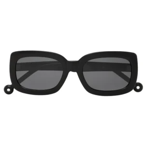 The "Duna" Black Sunglasses feature a rectangular shape with thick frames, dark lenses, and a small circular loop on each temple—perfect for bringing unique style to your concept store or gift shop selection. Gate21.ee
