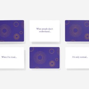 In Complete the Sentence Game, six cards are set in two rows of three. Purple cards with circular patterns appear at top left, bottom middle, and top right; the remaining include sentence prompts to inspire unique ideas. Gate21.ee