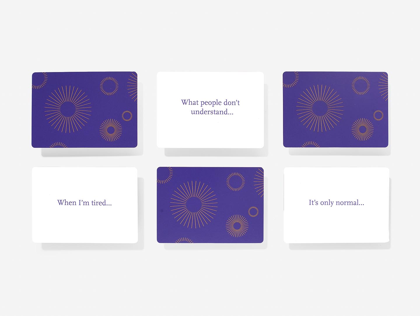 In Complete the Sentence Game, six cards are set in two rows of three. Purple cards with circular patterns appear at top left, bottom middle, and top right; the remaining include sentence prompts to inspire unique ideas. Gate21.ee