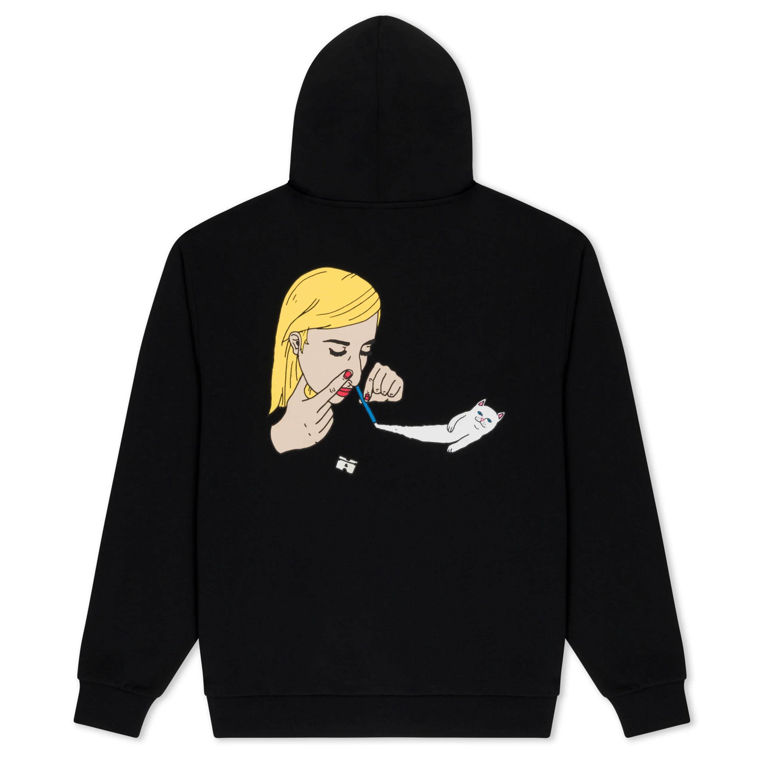 The Coconerm Hoodie Black features an illustration of a blond-haired person using a straw with a playful white cat&mdash;an eye-catching piece perfect for your next Tallinn shopping adventure. Gate21.ee