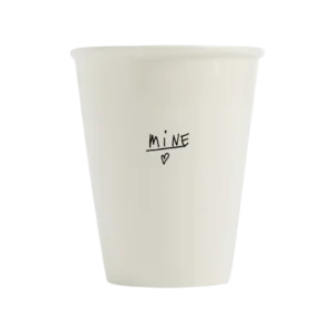 The Mine cup is a curated white mug with "MINE" handwritten in black ink and a small heart below—a charming piece of Estonian design, ideal for Tallinn shopping enthusiasts. Gate21.ee