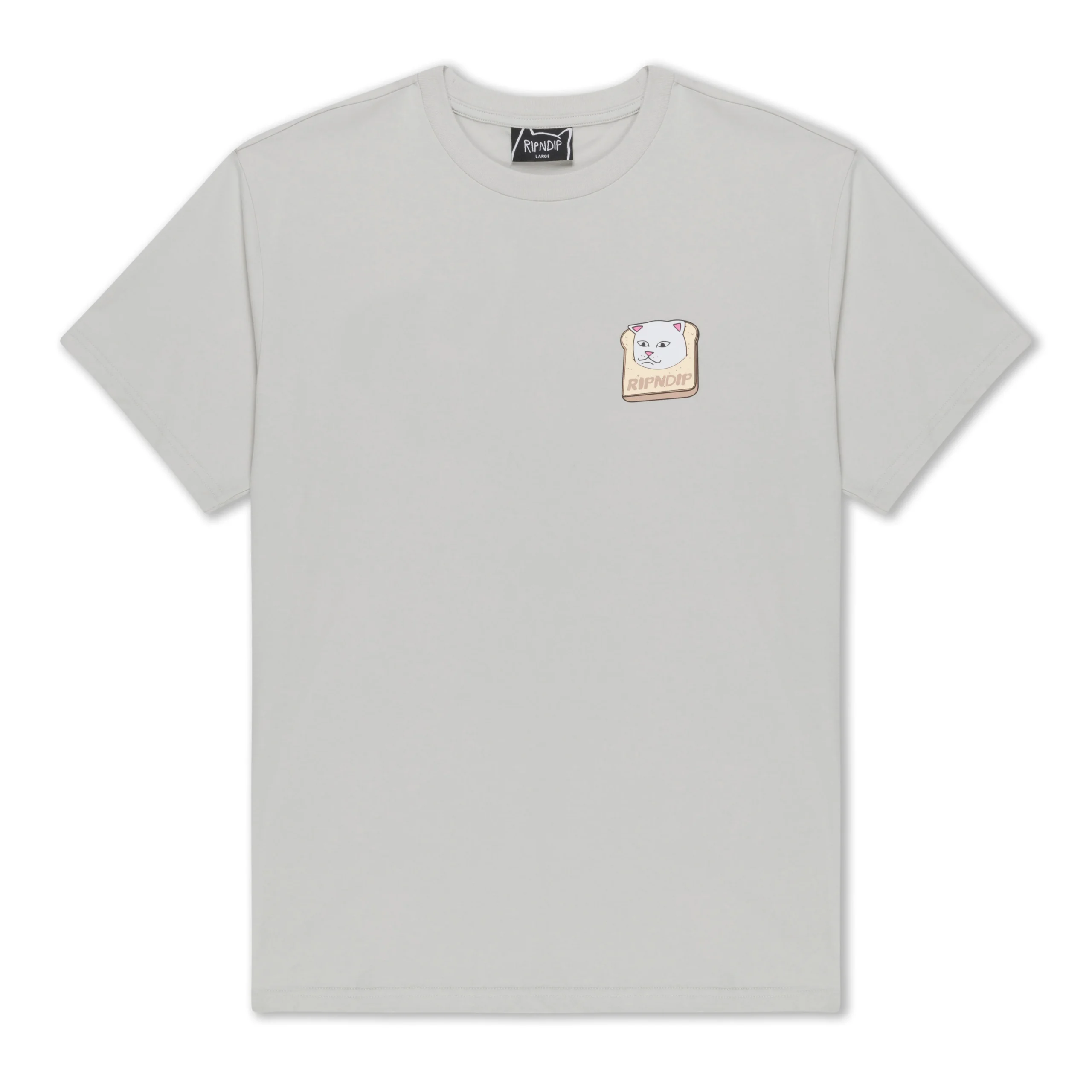 The Gluten Free Tee Grey is a light grey short-sleeve t-shirt with a small bread graphic featuring a cat’s face and “RIPNDIP” text on the left chest, available in our gift shop. Gate21.ee