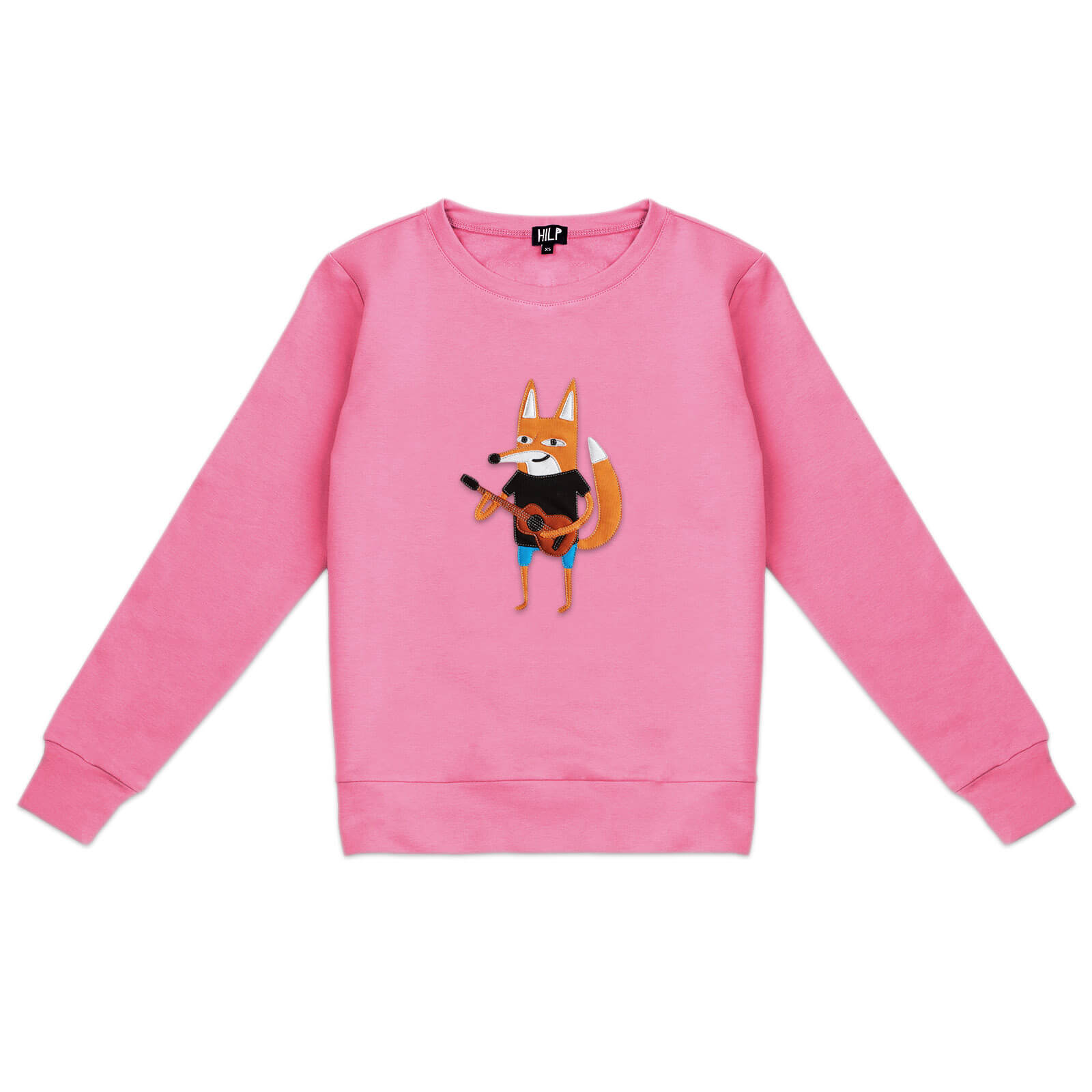 Discover the Guitar - Sweatshirt Pink, featuring an orange fox playing guitar, standing on two legs and centred on the front. Find this unique piece at your favourite Tallinn shopping destination or local gift shop. Gate21.ee