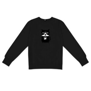 The Grumpy Cat - Sweatshirt Black features a black and white cartoon cat with a serious expression and curled tail—perfect for fans of unique Estonian design. Gate21.ee