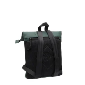 A Los Angeles Rucksack - Dark Green by New Rebels is shown standing upright with its backside and shoulder straps facing the viewer. The bag features a top zip, a fabric handle, and a mesh back panel with a stitched geometric pattern. Gate21.ee
