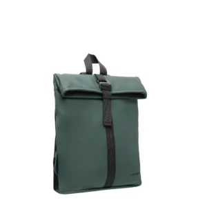 A Los Angeles Rucksack - Dark Green by New Rebels, featuring a rectangular roll-top design with a black strap and buckle fastening, a top handle, and two side mesh pockets, is positioned on a plain white background. Gate21.ee