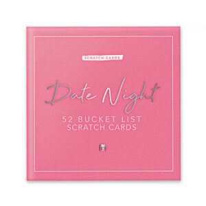 A square pink box labelled "Date night - Scratch Cards" features the subtitle "52 Bucket List Scratch Cards" in silver and white text. Ideal for gifting, this curated item is perfect for Tallinn shoppers or concept store visitors. Background: plain white. Gate21.ee