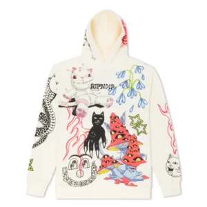 The Travis Hoodie Off White showcases cats, flames, mushrooms with eyes, raindrops, stars, and abstract doodles in cream—perfect for standout style. Get this unique hoodie at your favourite concept store or gift shop. Gate21.ee