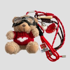 The Teddy & Large Bag Charm Set - K&Otilde;IK features a plush bear in a red knitted jumper with aviator goggles, plus shell and heart charms on red and brown lanyards&mdash;ideal for unique gifts or concept shop finds. Gate21.ee