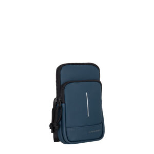 The Astoria - Phone Pocket - Navy is a small rectangular dark blue pouch with two zipped compartments and a wrist strap, standing upright on a white background. It features Estonian design, a vertical white line, and "New Rebels" text at the bottom. Gate21.ee
