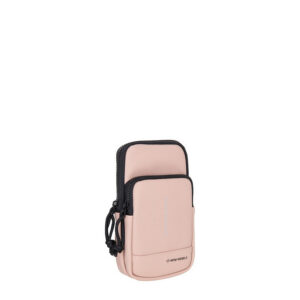 The Astoria - Phone Pocket - Old pink is a light pink, rectangular crossbody bag with two zipped compartments, black zips, and a small logo at the bottom—ideal for Tallinn shopping or discovering unique Estonian design. Shown upright on a plain white background. Gate21.ee