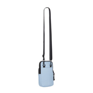 The Astoria - Phone Pocket - Soft blue is a small, rectangular crossbody bag in light blue with a long black adjustable strap, black zip, and front pocket. This Estonian design blends modern style and durable synthetic material—ideal for concept shops. Gate21.ee