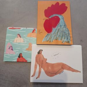 Three Krõõt Kukkur Postcards - KÕIK on a grey surface: one with a cockerel, one with swimmers, and one "cheeky" nude—showcasing the unique creativity of Estonian design. Gate21.ee