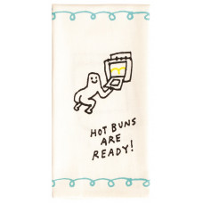 Introducing the “Hot buns are ready - Tea Towel”: This white cloth features a charming cartoon of a figure pulling buns from an oven, accompanied by the playful text HOT BUNS ARE READY! along the bottom. Blue squiggly lines border the top and bottom edges, adding that signature BlueQ tea towel flair. Gate21.ee