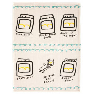 The “Hot buns are ready - Tea Towel” features six cartoon ovens, each displaying yellow buns, and is the perfect match for your BlueQ oven gloves. The captions underneath the ovens read: Buns! Buns!, Buns! Buns! Buns!, Buns in the oven!, Tasty buns!, Hot buns are ready!, and Sweet buns!. Gate21.ee