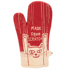 The Made from Scratch - Oven Glove by BlueQ is red and features a beige illustration of a cat with raised paws beneath the text “MADE FROM SCRATCH,” along with beige scratch marks extending downward from the top of the glove. Gate21.ee