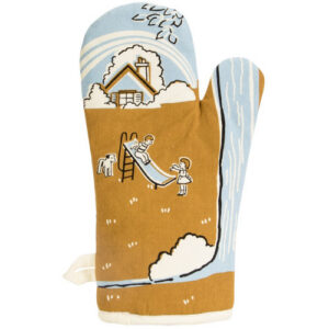 The “I love my arsehole kids” oven mitt by BlueQ is brown and blue, featuring a drawing of two children playing on a slide, a dog, and a house with trees and clouds in the background. Gate21.ee