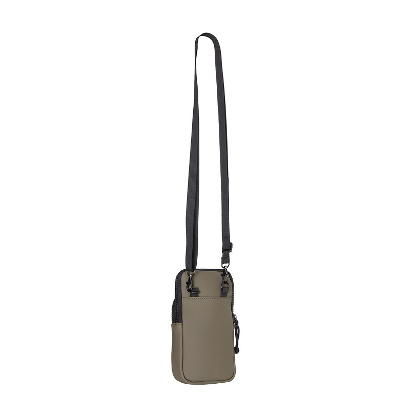 The Astoria - Phone Pocket - Olive is a compact rectangular crossbody with an adjustable black strap, olive body, black zips and trim, plus two front zip compartments—a stylish example of Estonian design. Gate21.ee
