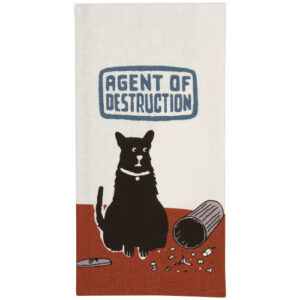 A black cat sits beside an upturned rubbish bin and a mess of scattered debris, gazing proudly at the chaos. Above its head hangs the “Agent of destruction” tea towel, perfectly capturing the playful mischief—much like the quirky spirit found in BlueQ oven gloves. The background remains simple, letting the cat’s antics take centre stage. Gate21.ee