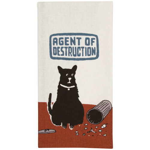 A black cat sits beside an upturned rubbish bin and a mess of scattered debris, gazing proudly at the chaos. Above its head hangs the “Agent of destruction” tea towel, perfectly capturing the playful mischief—much like the quirky spirit found in BlueQ oven gloves. The background remains simple, letting the cat’s antics take centre stage. Gate21.ee