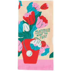 A rectangular tea towel named “Menopause - Tea Towel” features a red vase filled with vibrant flowers, reminiscent of BlueQ oven gloves’ whimsical designs. The vase is inscribed with the words, “Menopause, what the fuck?” and the towel has a beige background with a pink border along the bottom. Gate21.ee